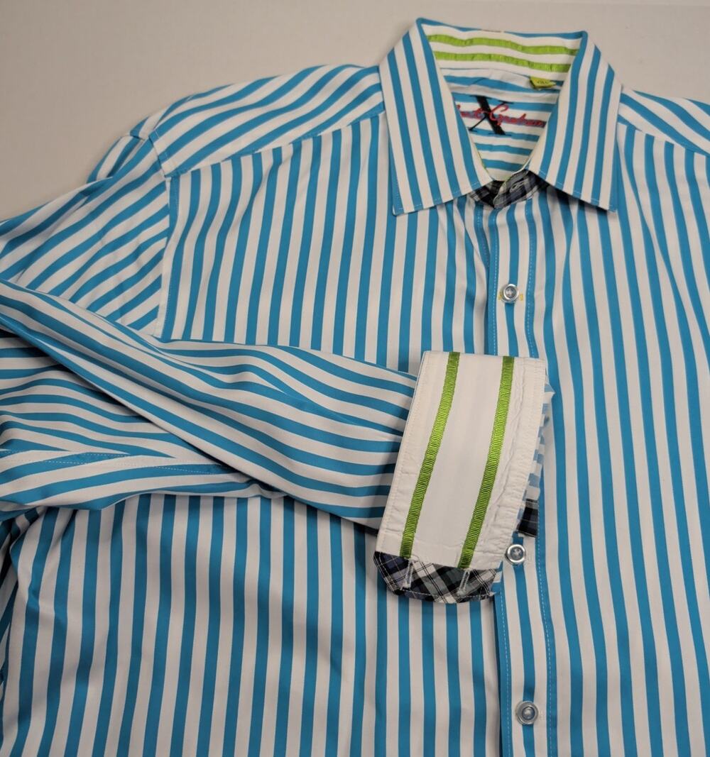 Robert Graham X Men's 3XL Flip Cuff Button Blue White Striped Long Sleeve Shirt